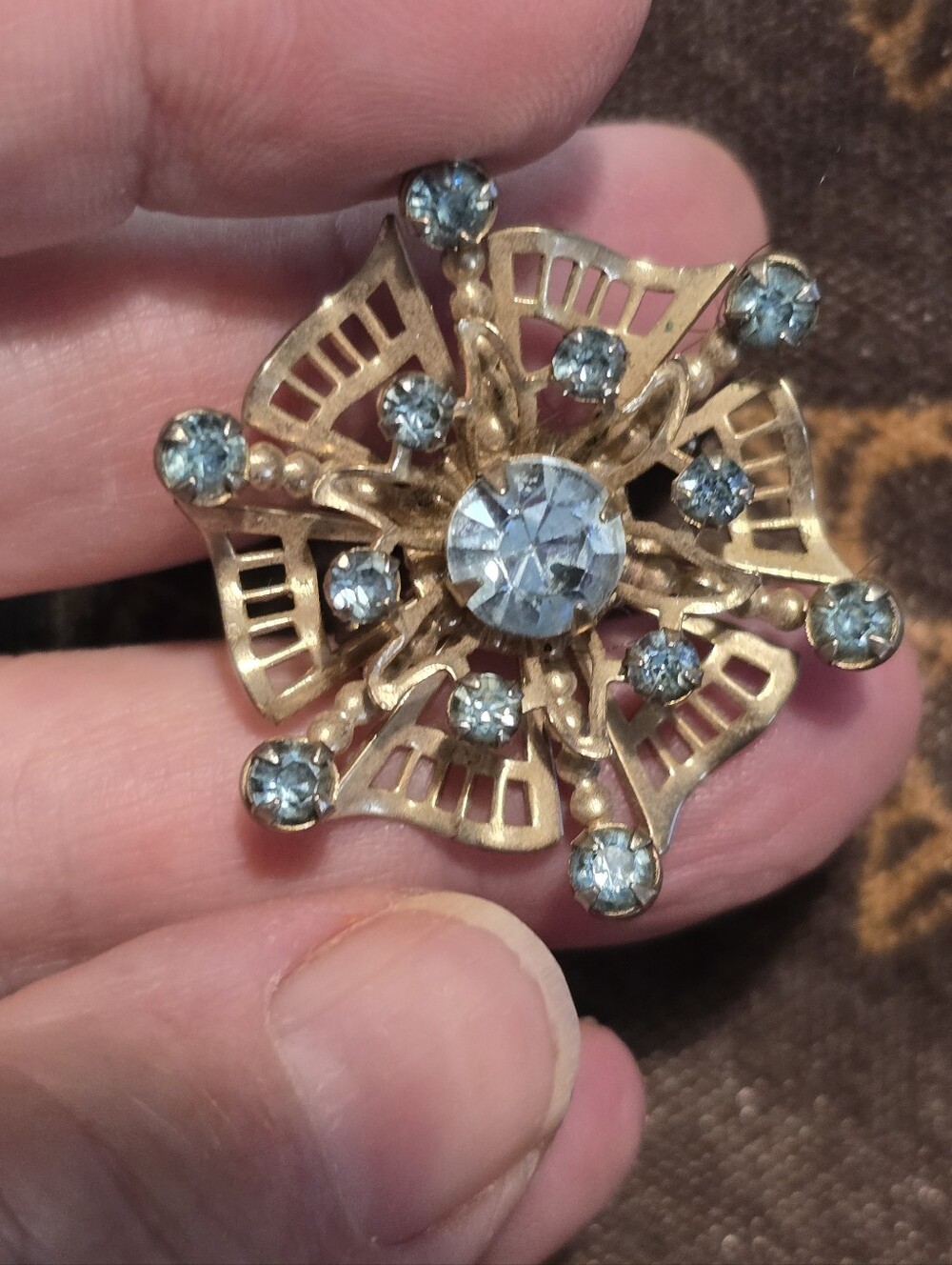 Vintage 1.5" Gold-Tone Brooch with Light Blue Rhinestones